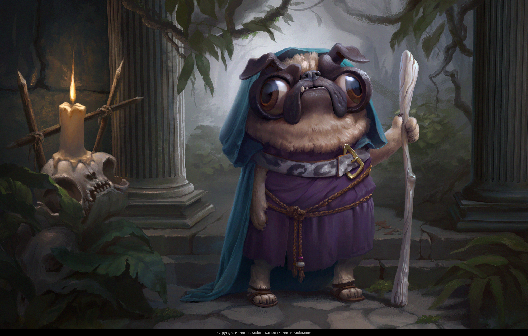 Cute pug wizard in jungle temple ruins