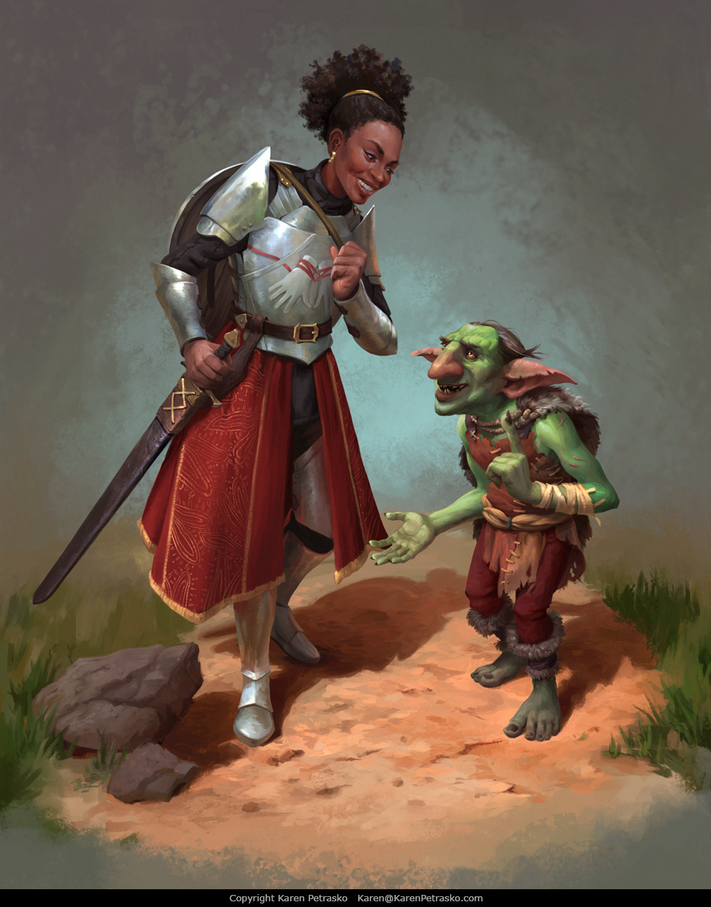 Paladin of Ilmater chatting with an old friendly goblin
