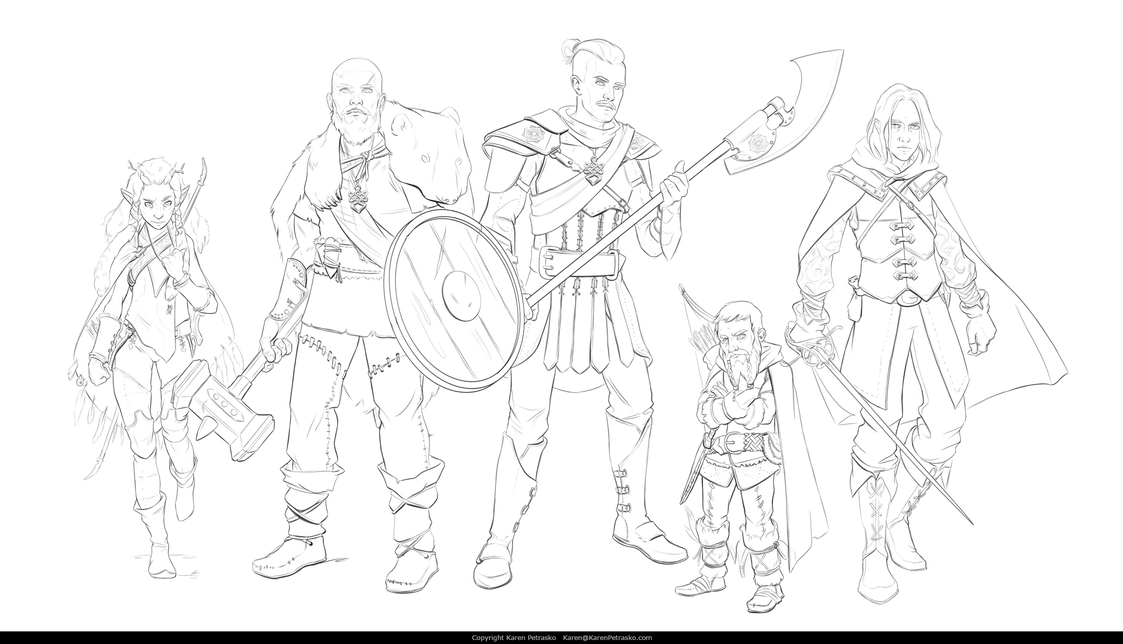 D&D Wood Elf Druid, Human Barbarian, Human Paladin, Halfling Ranger, and Half Drow Rogue