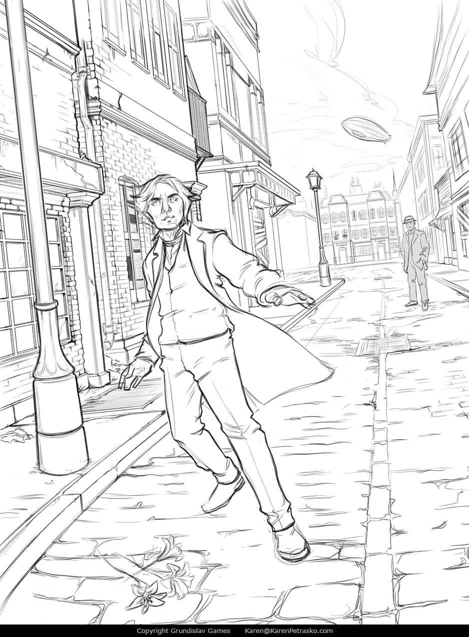 Sketch for point and click adventure game Lamplight City by Grundislav Games