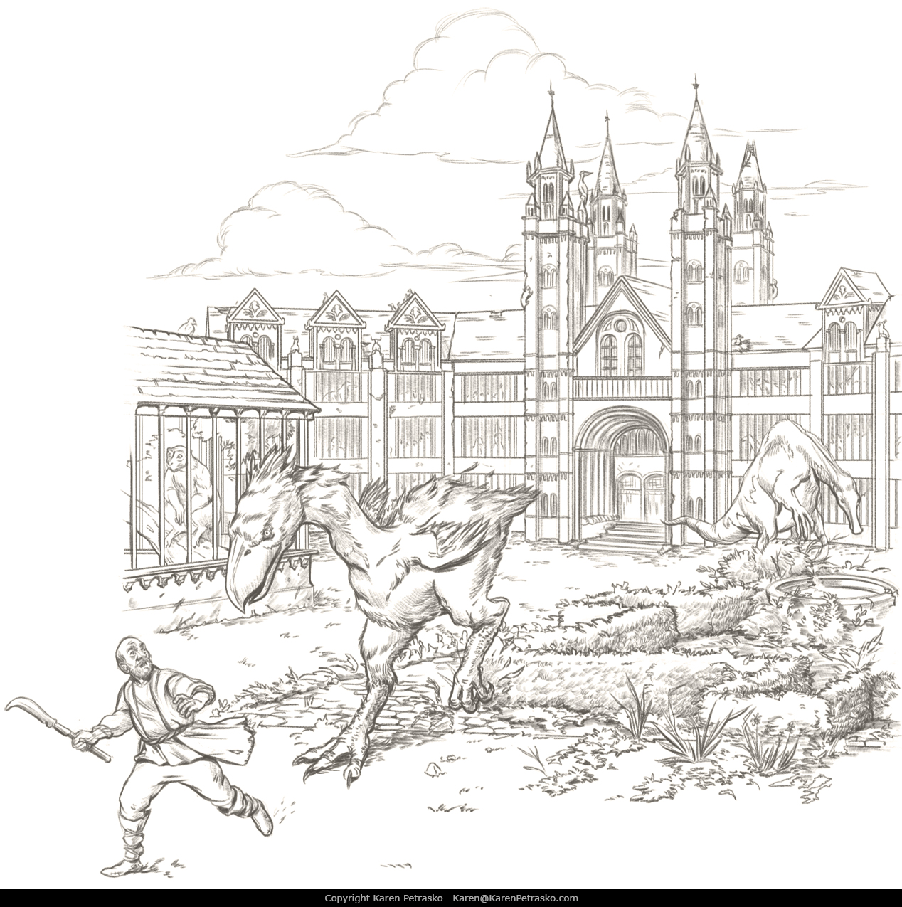 Dinosaur zoo menageries D&D interior art for Spectacular Settlements by Nord Games